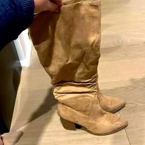 Tan knee high pointy toe boots!